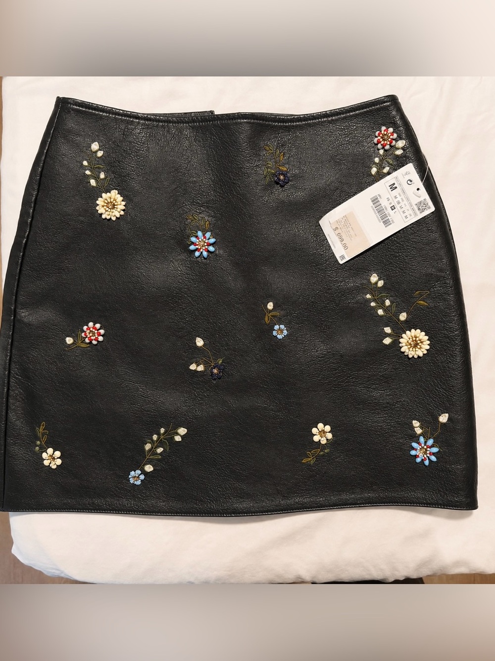 Zara Black beaded Floral Faux Leather Skirt